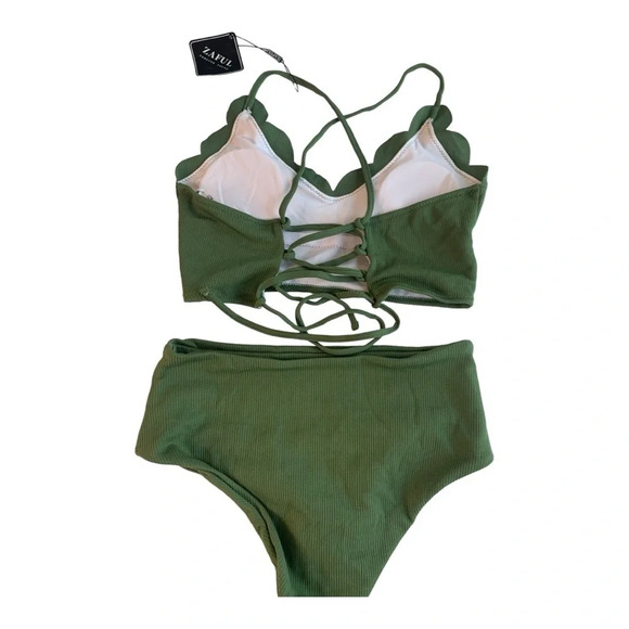 Zaful Ribbed Scalloped LaceUp TummyControl Tankini Green Size Small NWT - Picture 4 of 8
